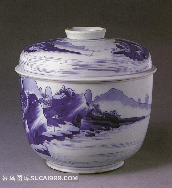 中国山水画瓷碗瓷盖高清素材