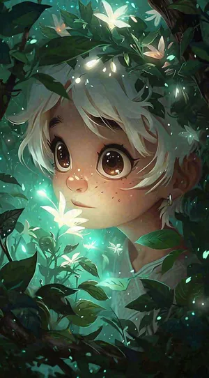 森林探险阳光绿叶男孩儿童，玩耍光照，插画手绘