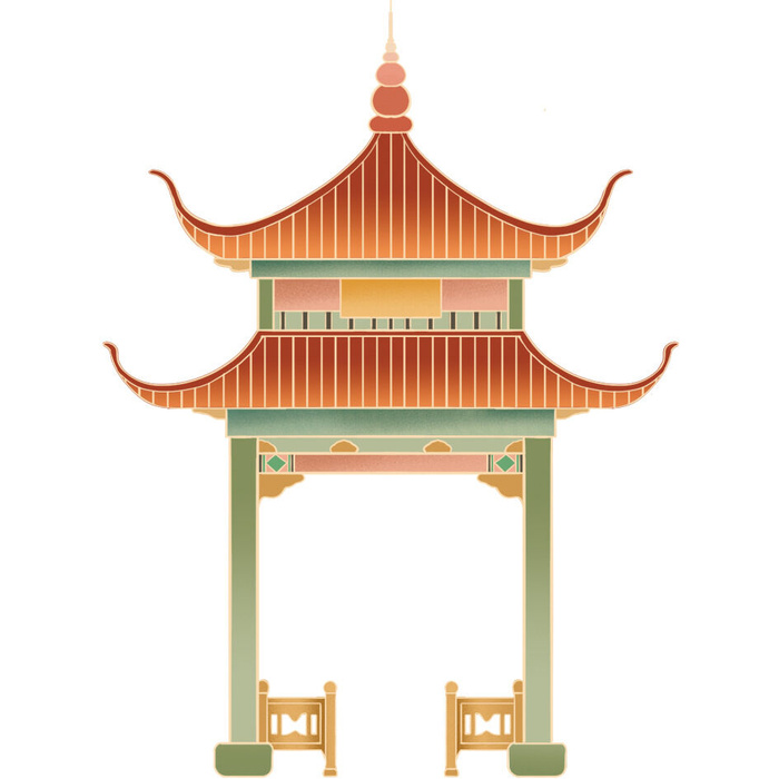 复古中国风国潮古建筑插画手绘高楼古塔PSD素材亭子png免抠图