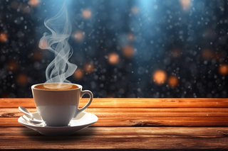 下雪天窗台的咖啡咖啡杯冒着热气摄影图