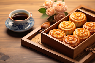 中秋木质托盘餐具上摆放着的月饼和茶壶杯子摄影图