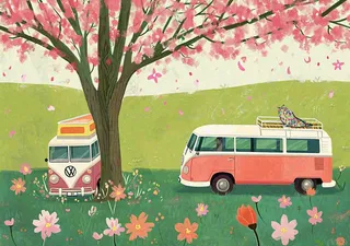 清新可爱春日郊游旅行房车粉绿蜡笔插画手绘草坪，惊蛰春分