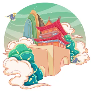 国潮风旅游建筑城市地标景区北京上海插图插画元素素材设计模板 国潮风旅游建筑城市地标景区北京上海插图插画元素素材设计模板