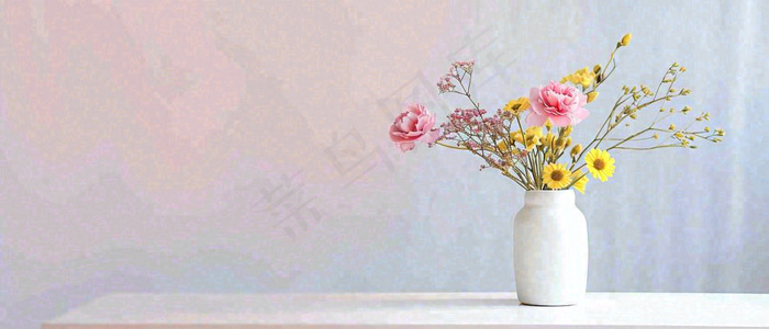 简约的墙面前有一瓶鲜花花束绿植，鲜艳清新新鲜室内装饰摄影图