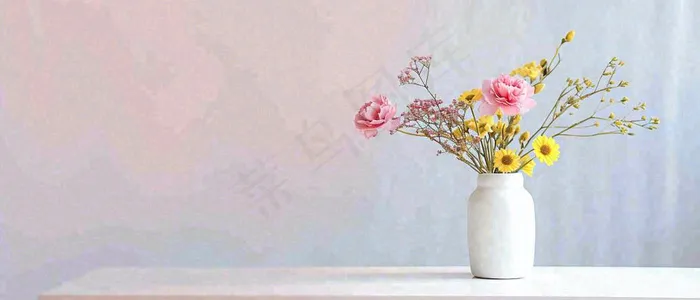 简约的墙面前有一瓶鲜花花束绿植，鲜艳清新新鲜室内装饰摄影图(1680x720)