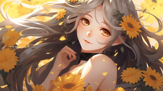 一位少女的周围全是黄花插画动漫图