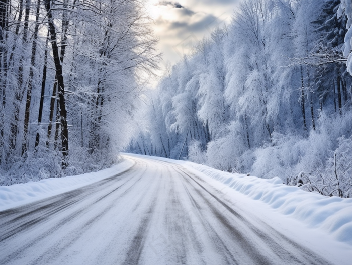 冬天大雪道路积雪两边的树木雾凇摄影图(3696x2784)