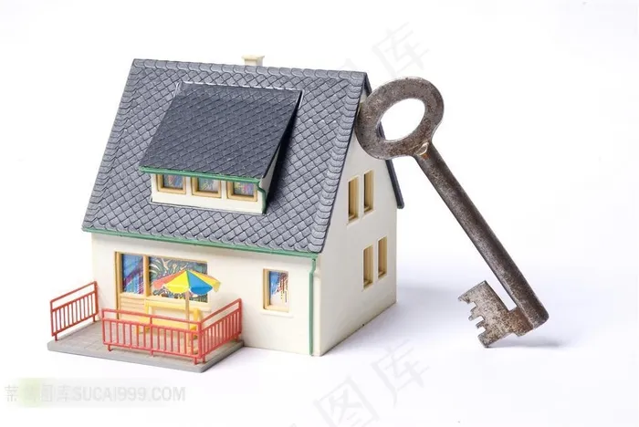房屋模型与铁质的钥匙创意房地产广告高清图片