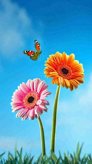 春天蓝天白云草坪鲜花，五彩缤纷鲜艳摄影图