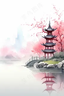 国风水墨画山水花卉唯美插画背景 国风水墨画山水花卉唯美插画背景