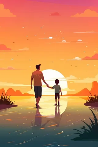 父子海边牵手落日背景