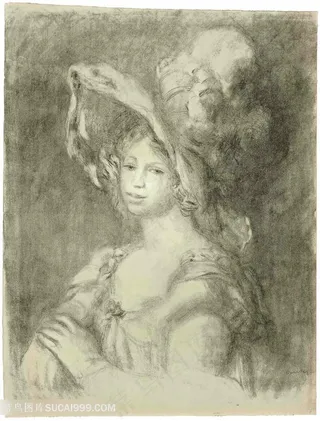 素描戴帽子小姐素描装饰画