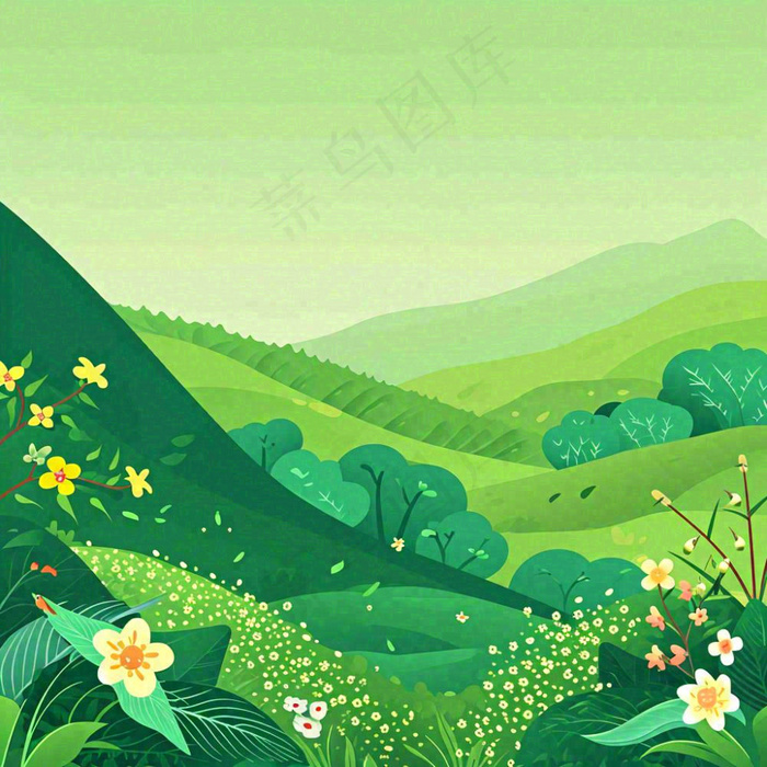 春天绿色扁平山脉绿植花草手绘，立夏春分