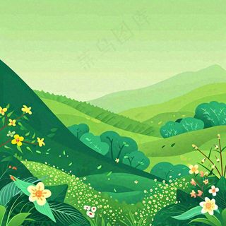 春天绿色扁平山脉绿植花草手绘，立夏春分