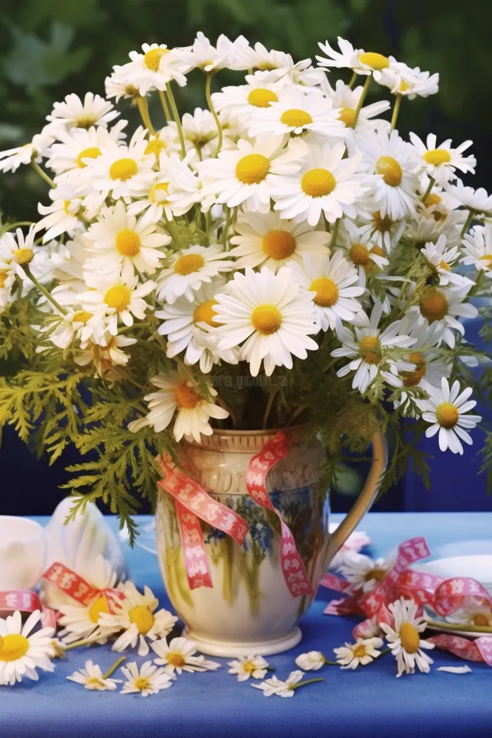 盛开的小雏菊花瓶摆放着桌上摄影图(2688x4032)