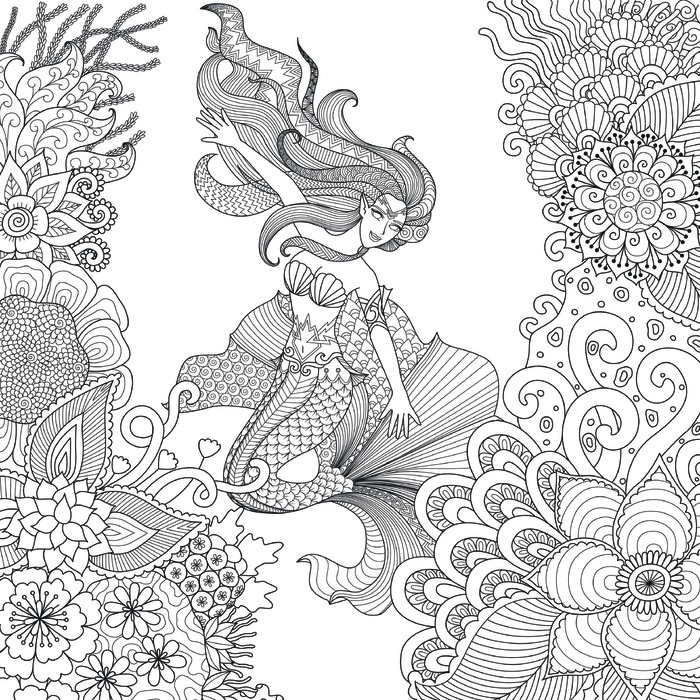 海底世界美人鱼卡通手绘黑白线描线稿eps,ai矢量模版下载