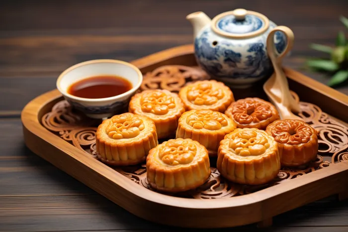 中秋木质托盘餐具上摆放着的月饼和茶壶杯子摄影图(4032x2688)