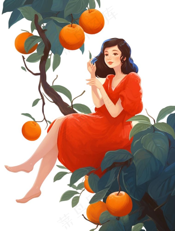 坐着橘子树上的女孩少女卡通插画免抠(960x1264)