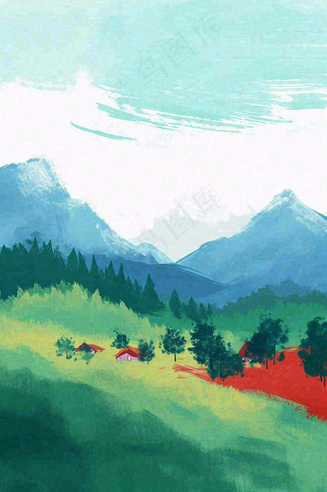 春天郊外绿地草地山脉石头插画手绘，惊蛰春分(896x1344)