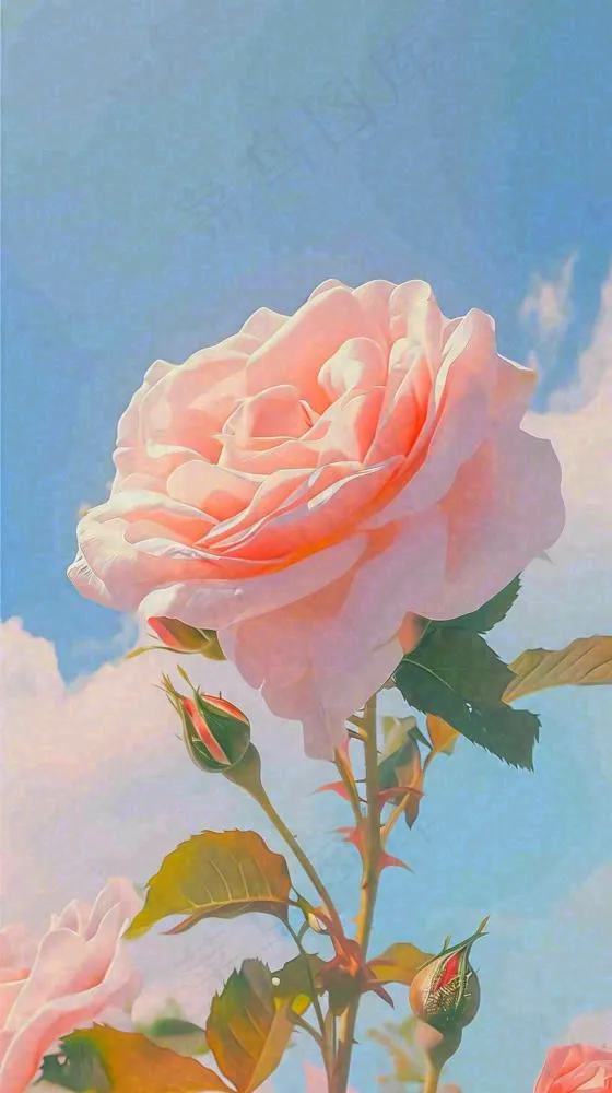春天蓝天白云阳光下的浪漫粉色玫瑰枝叶绿叶(816x1456)