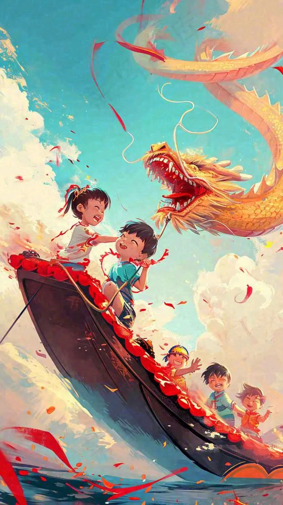 海面上龙船开船手绘插画，孩子人物，蓝天白云古风(816x1456)