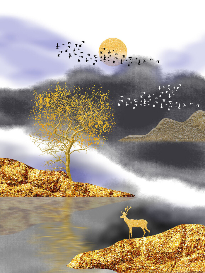 新中式发财树麋鹿飞鸟客厅晶瓷装饰画