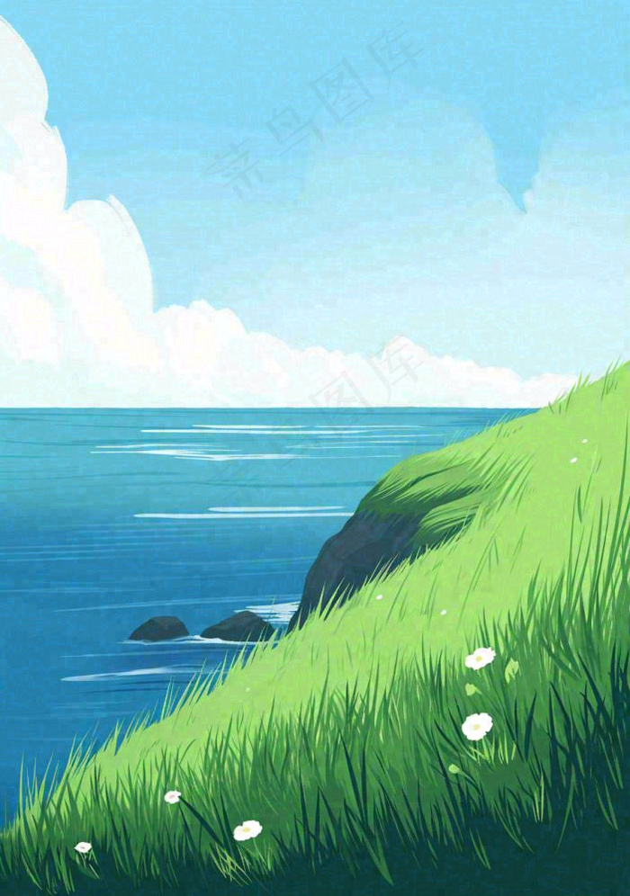 海边蓝天白云草地小花，春天清新海景(912x1296)