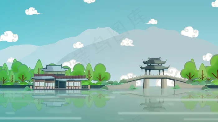 中国风古典国潮古建筑插画模板psd模版下载