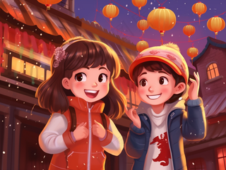 新年喜庆儿童上街玩耍灯笼烟花卡通插画