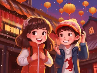 新年喜庆儿童上街玩耍灯笼烟花卡通插画