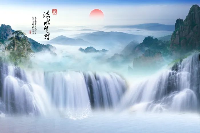 新中式流水生财高山流水日出财源滚滚装饰画玄关画壁画挂画酒店卧室psd模版下载