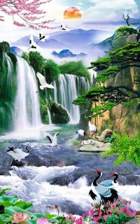 流水生财瀑布太阳背景墙