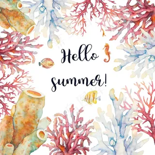 手绘夏季水彩珊瑚底纹边框高清图片 手绘夏季水彩珊瑚底纹边框高清图片