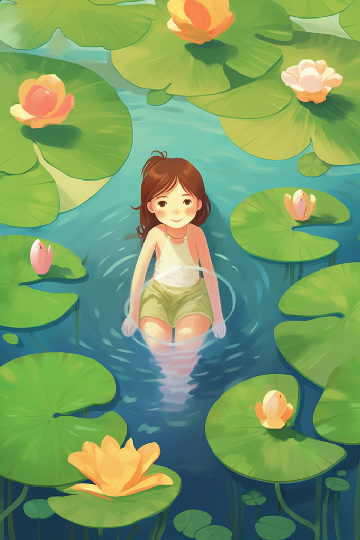 夏日女孩在睡莲荷叶水里玩水水里泛起碧波卡通插画(x)