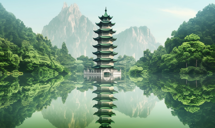 倒影水中的宝塔背后的树木山景风格摄影图