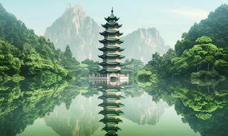 倒影水中的宝塔背后的树木山景风格摄影图