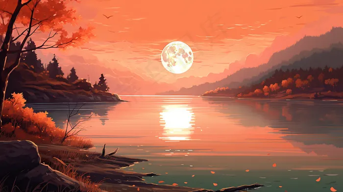 秋季夕阳下的森林湖泊倒映插画素材背景(4368x2448)