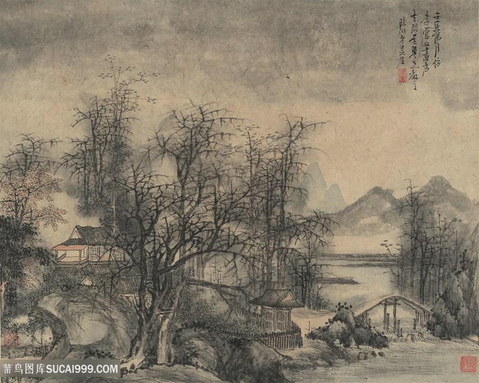 画家陈洪绶花卉山水图古木扶堤国画图片