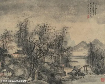 画家陈洪绶花卉山水图古木扶堤国画图片 画家陈洪绶花卉山水图古木扶堤国画图片