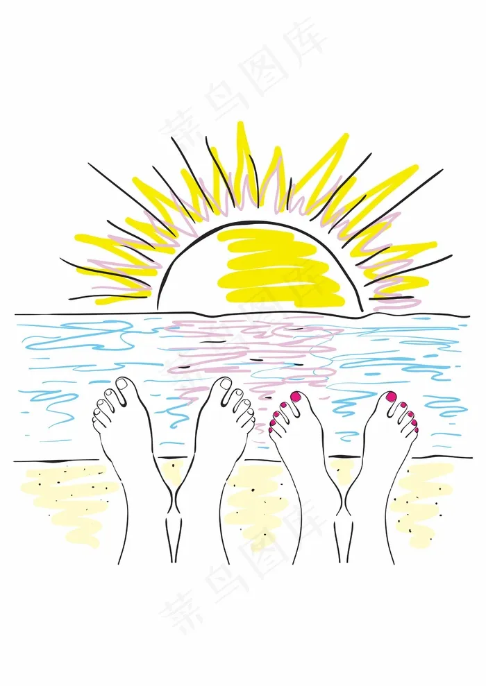 简笔画 脚掌海边落日 沙滩阳光cdr矢量模版下载