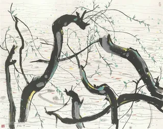 吴冠中手绘水墨树枝湖畔美景装饰画