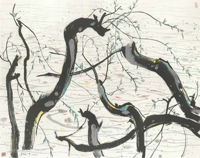 吴冠中手绘水墨树枝湖畔美景装饰画 吴冠中手绘水墨树枝湖畔美景装饰画