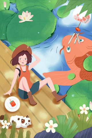 女孩荷叶荷花鱼儿夏至插画绿色夏至海报