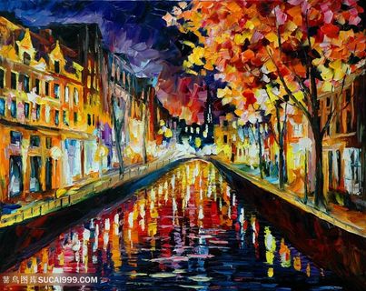 水彩水上城市唯美建筑油画