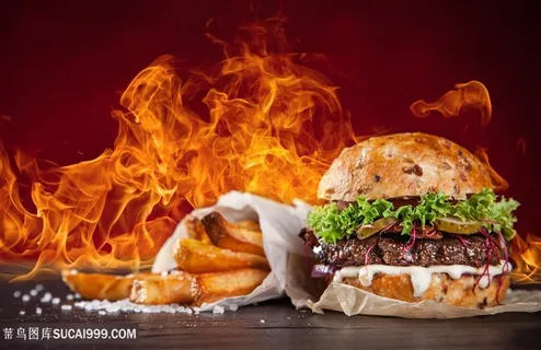 火焰中的汉堡和薯条