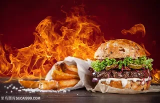 火焰中的汉堡和薯条