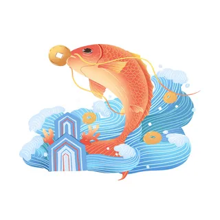 手绘国潮古风喜庆铜钱锦鲤鱼金鱼荷花插画场景装饰PSD设计素