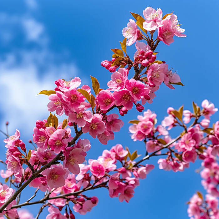 蓝天映衬着粉红色花朵的树枝的图片浪漫主义樱花树摄影图