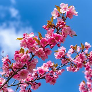 蓝天映衬着粉红色花朵的树枝的图片浪漫主义樱花树摄影图