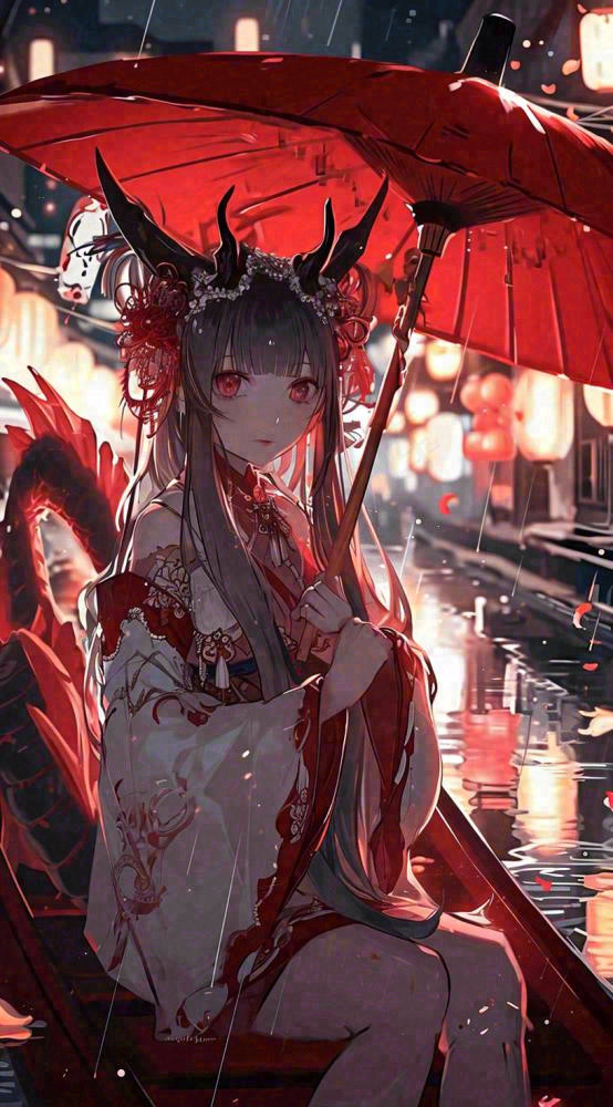 少女漫画古风灯笼夜晚夜景船只手绘插画(816x1472)